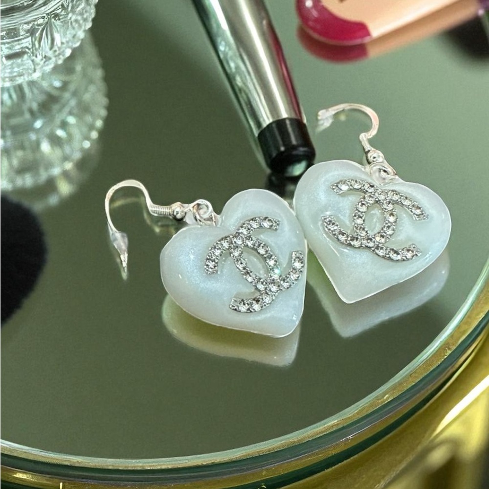 White acrylic heart with rhinestone CC Zipperpull earrings